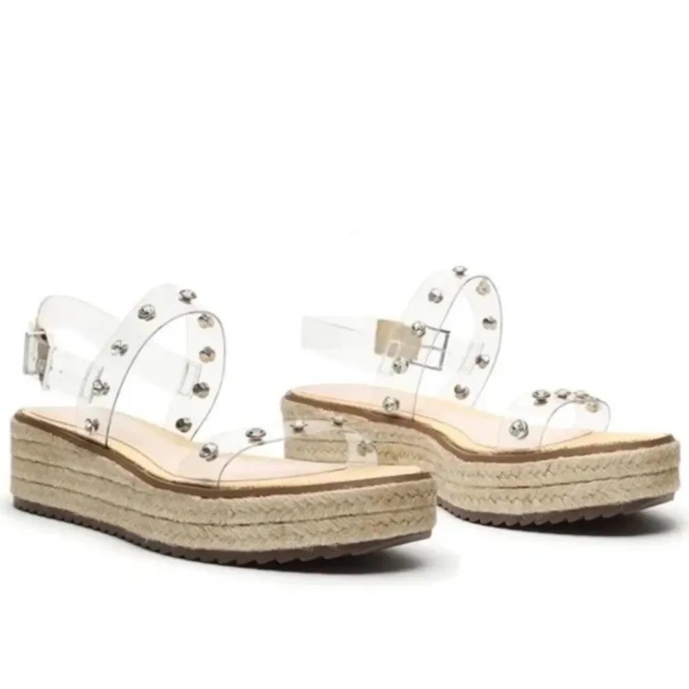 Schutz Cristiane Embellished Platform Espadrille Sandals Clear Studded Size 7.5B
